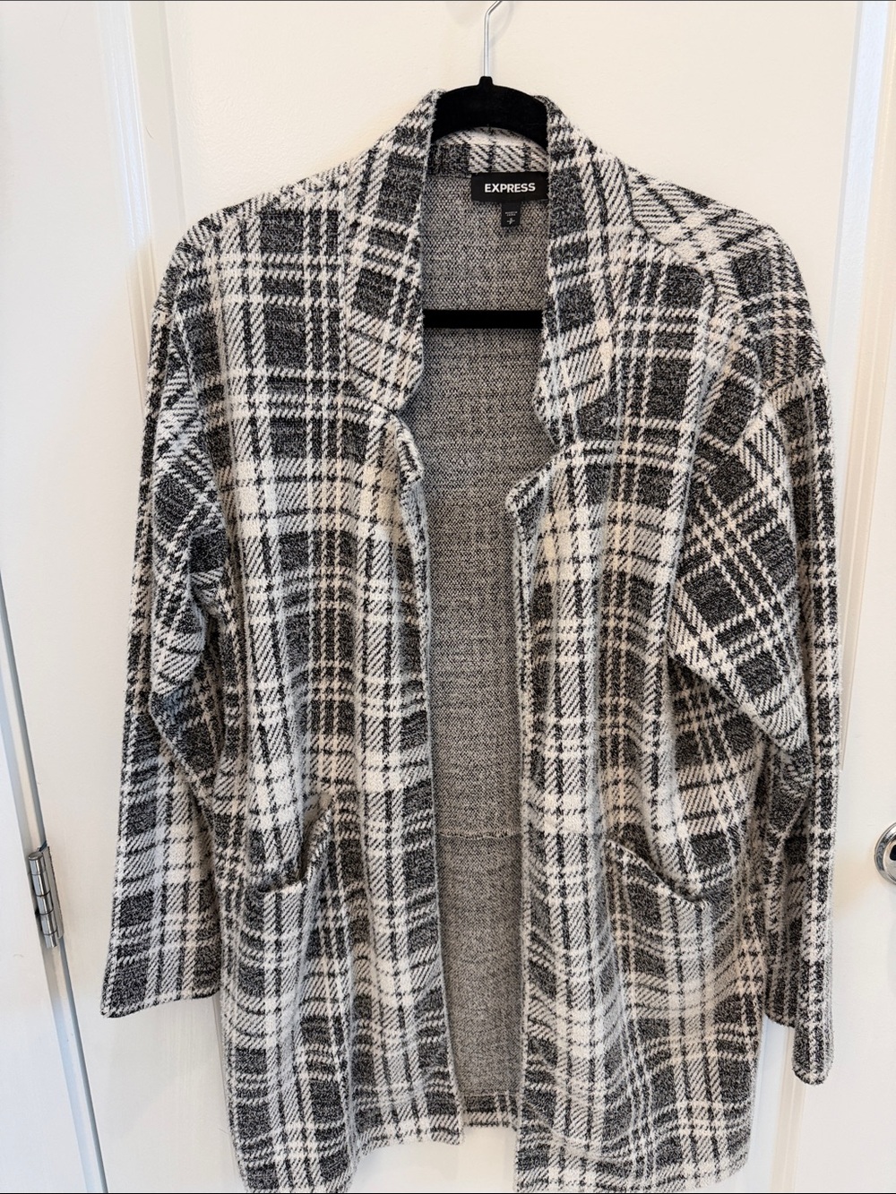 Express Black & White Plaid Open Front Coatigan